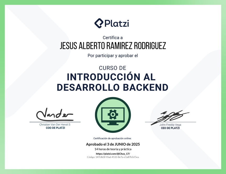 Diploma del Curso de Introducción al Desarrollo Backend