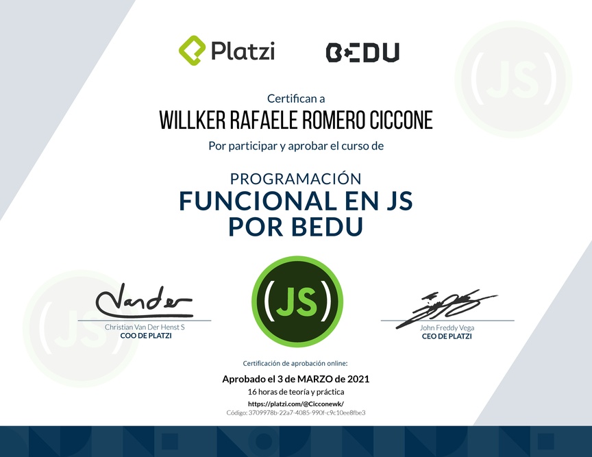 Diploma del Curso de Programación Funcional en JavaScript por Bedu