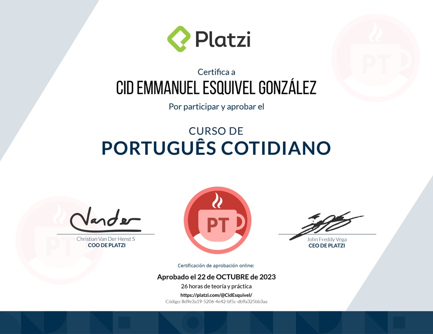 Diploma del Curso de Portugués Cotidiano para Principiantes