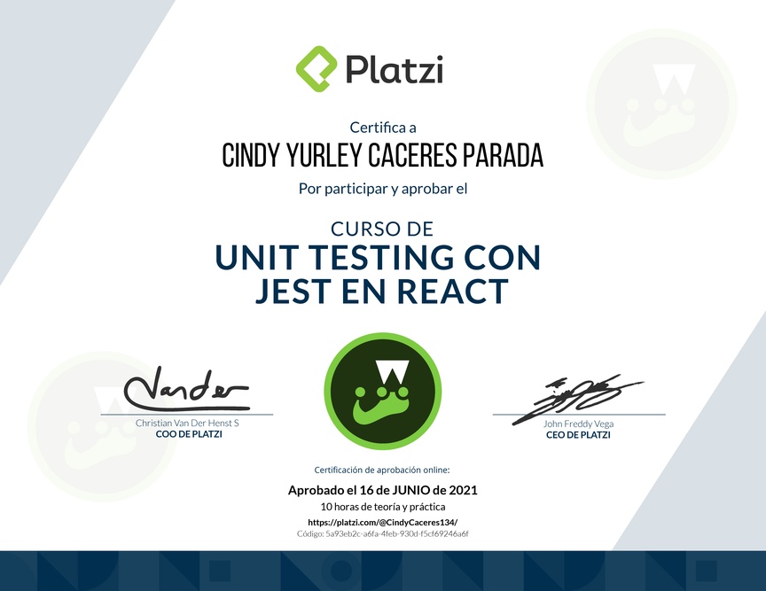 Diploma del Curso de Unit Testing con Jest en React