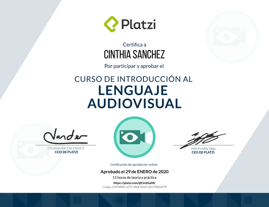 Diploma del Curso de Introducción al Lenguaje Audiovisual 2018