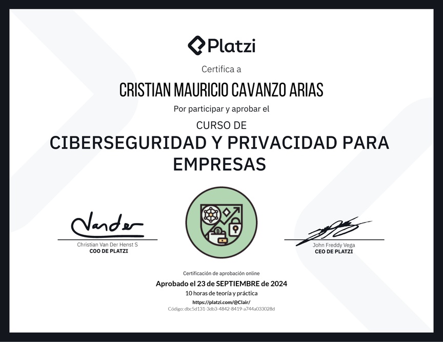 Diploma del Curso de Ciberseguridad y Privacidad Empresarial (2023)