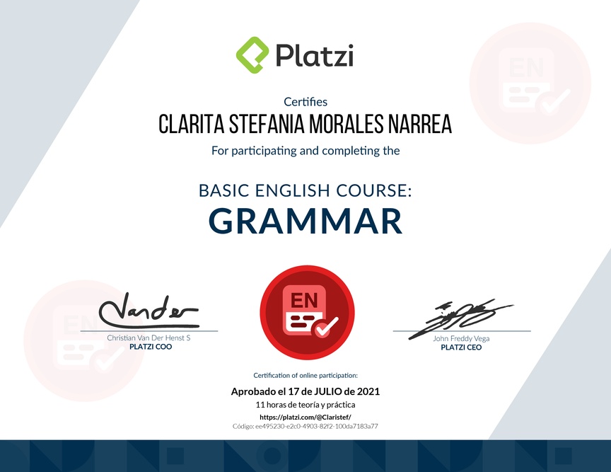 Diploma del Curso de Inglés Básico: Gramática 2018