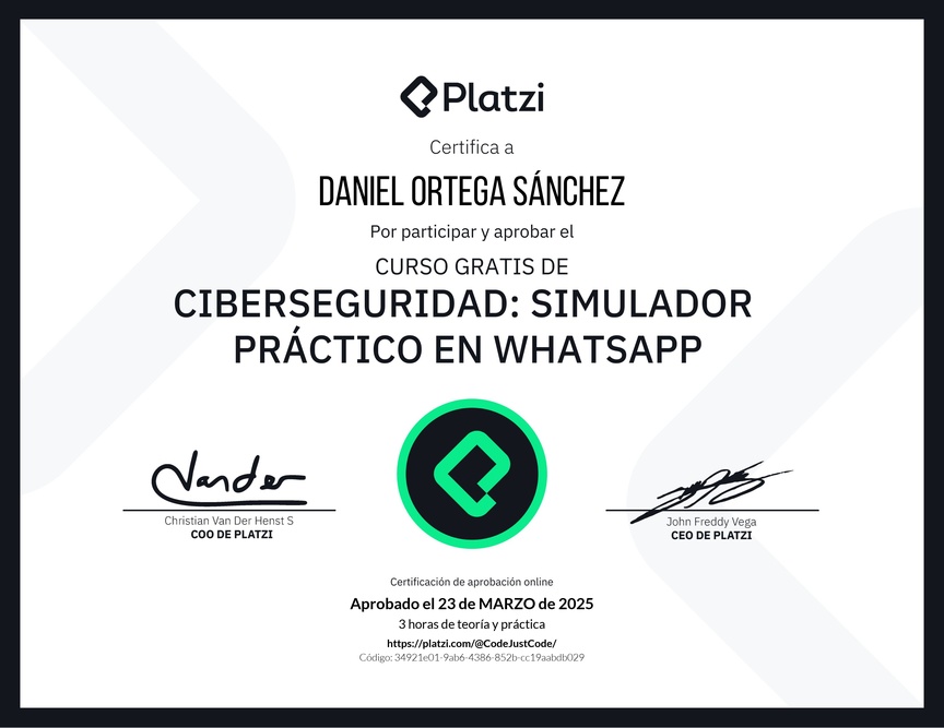Diploma del Curso Gratis de Ciberseguridad: Simulador Práctico en WhatsApp