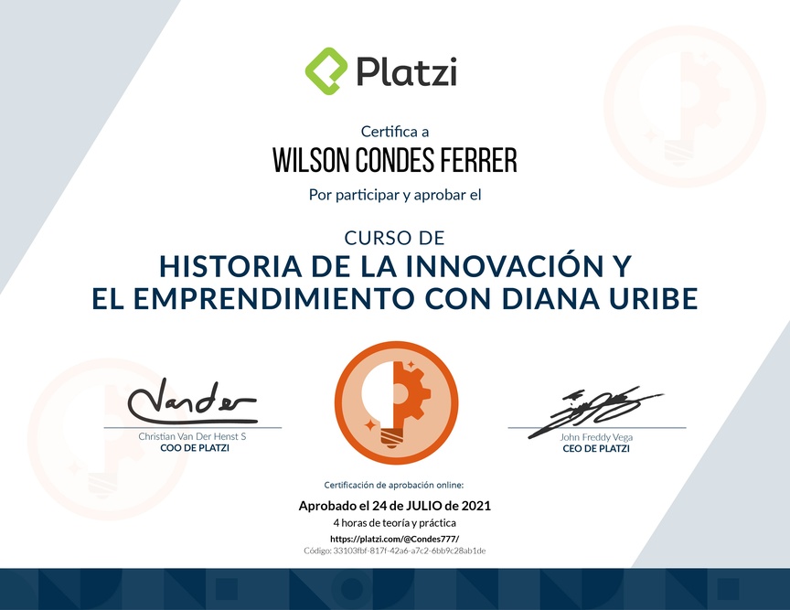 Diploma del Curso de Historia de la Innovación y el Emprendimiento con Diana Uribe