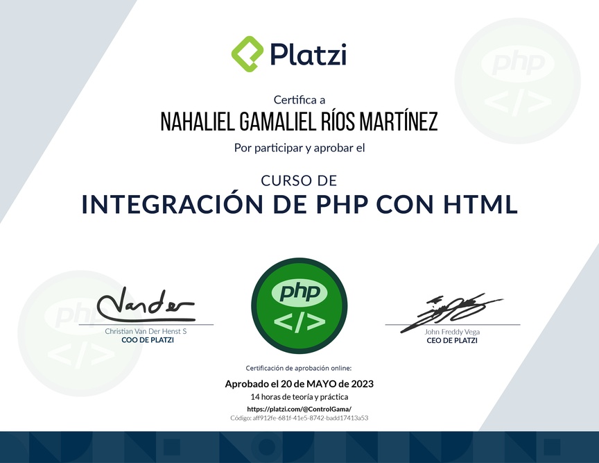 Diploma del Curso de PHP: Integración con HTML