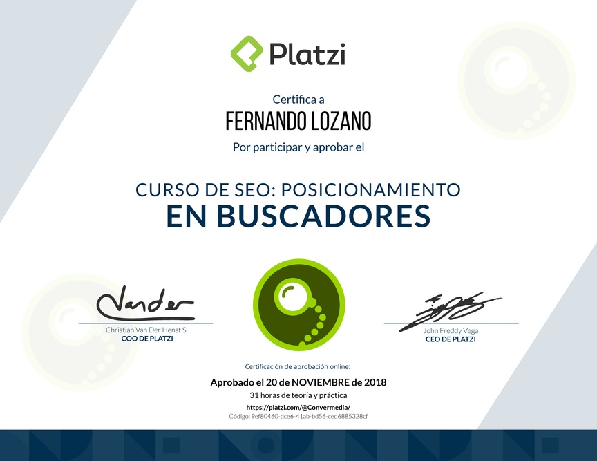 Diploma del Curso de SEO: Posicionamiento en buscadores 2017