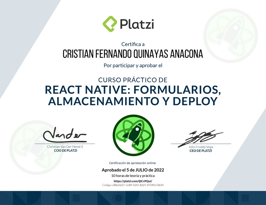 Diploma del Curso de React Native: Formularios, Almacenamiento y Deploy