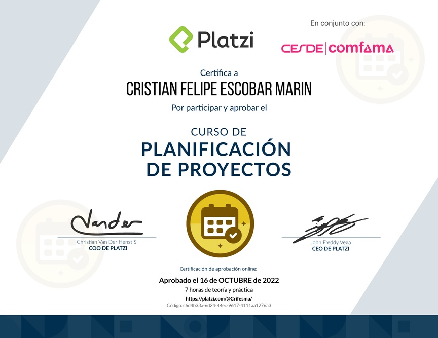 Diploma del Curso de Gestión para Planificar, Definir e Identificar Riesgos de un Proyecto