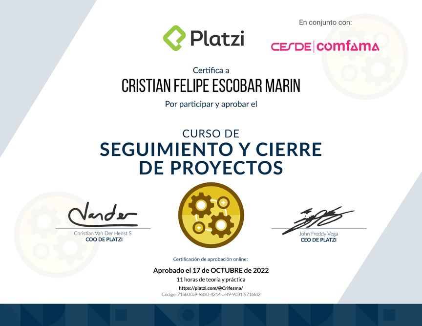 Diploma del Curso de Seguimiento y Cierre de Proyectos
