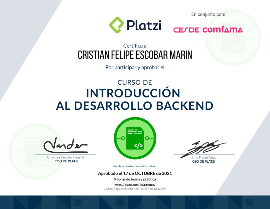 Diploma del Curso de Introducción al Desarrollo Backend