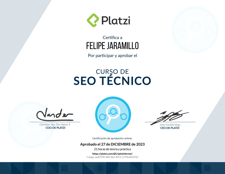 Diploma del Curso de Optimización de SEO Técnico
