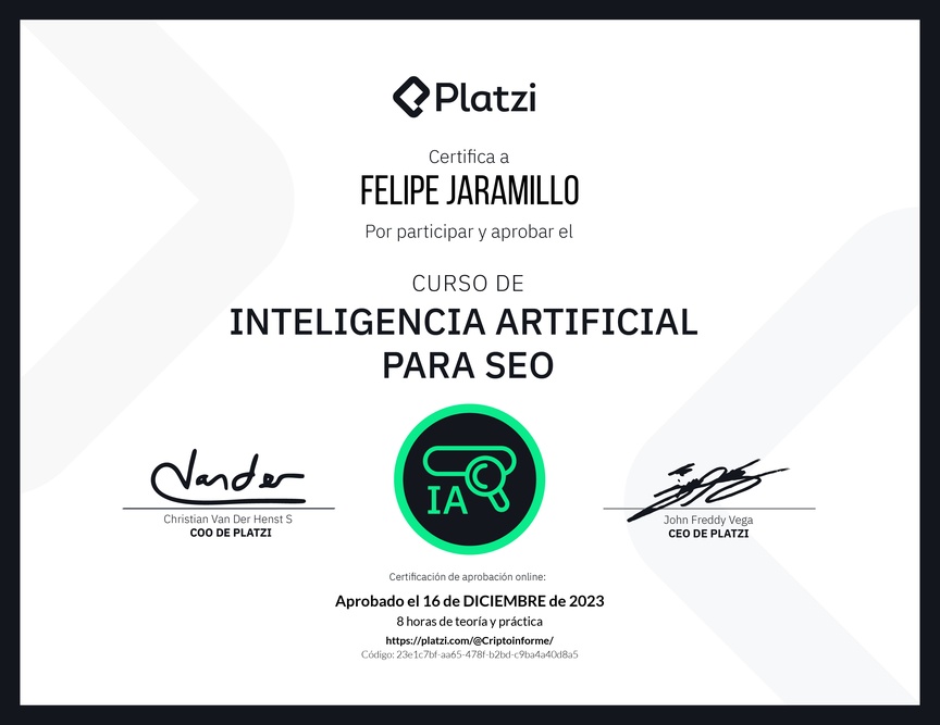 Diploma del Curso de Inteligencia Artificial para SEO