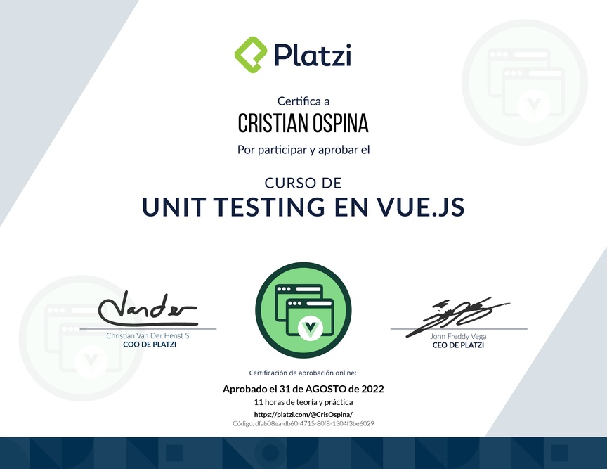 Diploma del Curso de Unit Testing en Vue.js 3
