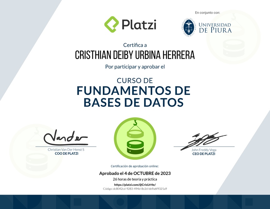 Diploma del Curso de Fundamentos de Bases de Datos 2019