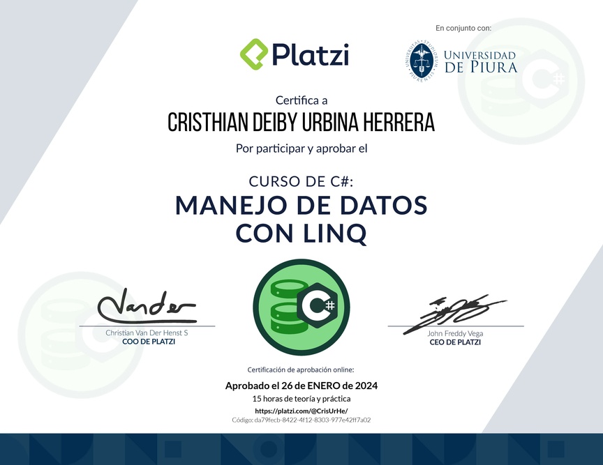 Diploma del Curso de Manejo de Datos en C# con LINQ