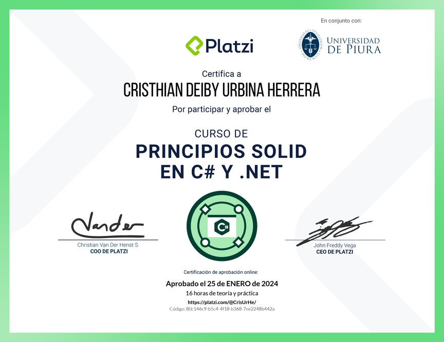 Diploma del Curso de Principios SOLID en C# y .NET