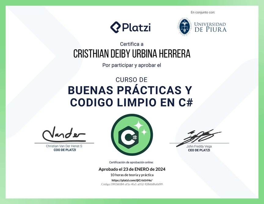 Diploma del Curso de Buenas Prácticas y Código Limpio en C#