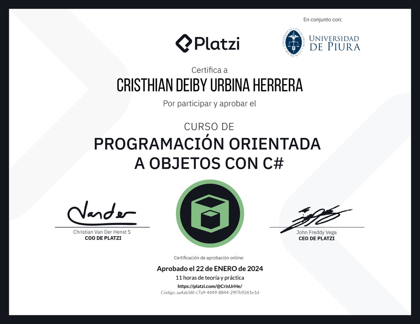 Diploma del Curso de Programación Orientada a Objetos con C#