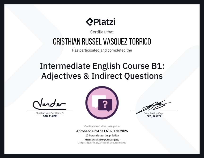 Diploma del Curso de Inglés Intermedio B1: Adjetivos y Preguntas Indirectas