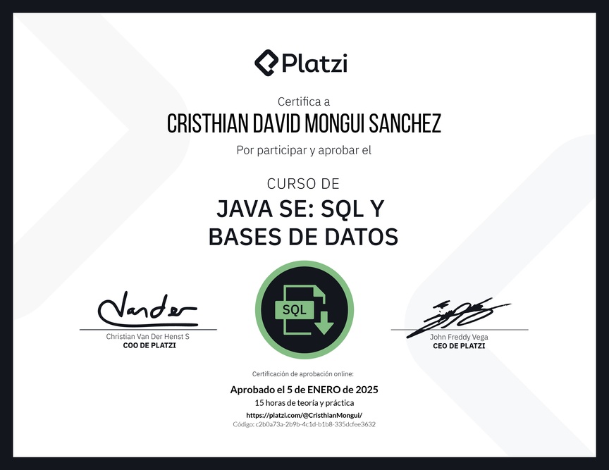 Diploma del Curso de Java SE: SQL y Bases de Datos