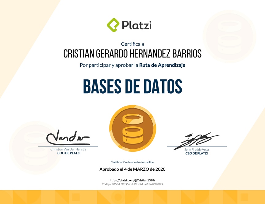 Diploma de la Ruta de Aprendizaje de Bases de datos desde cero