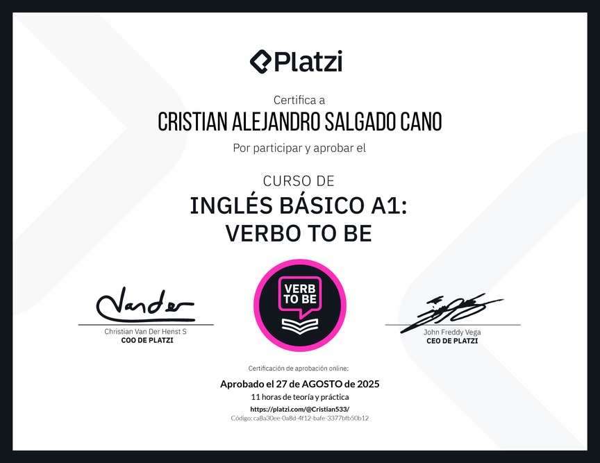 Diploma del Curso de Inglés Básico A1: Verbo To Be