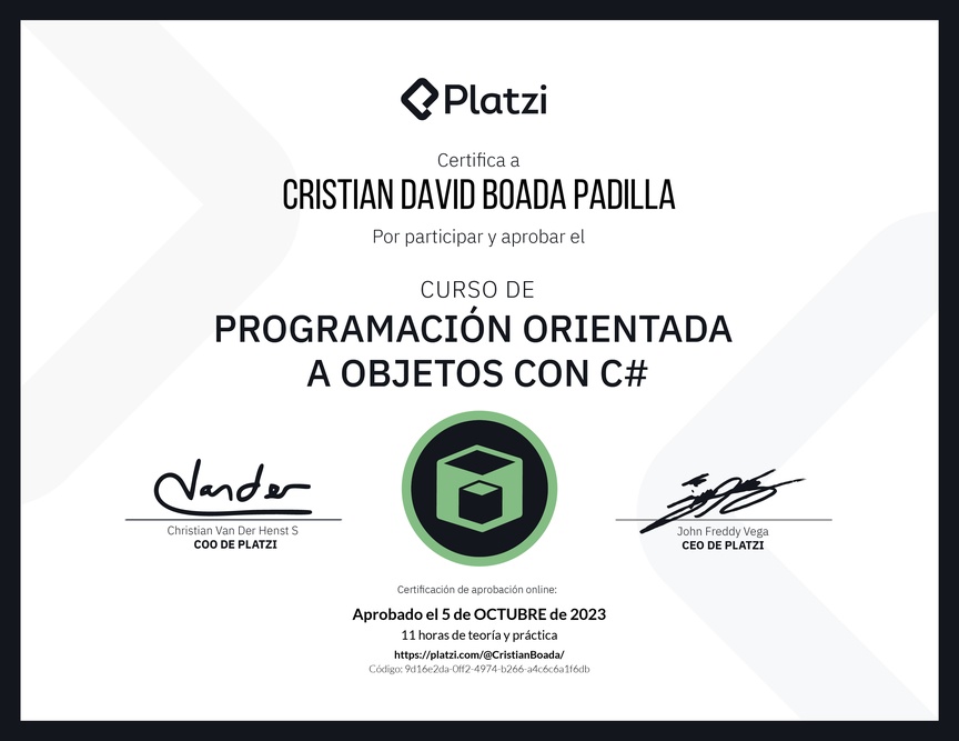 Diploma del Curso de Programación Orientada a Objetos con C#