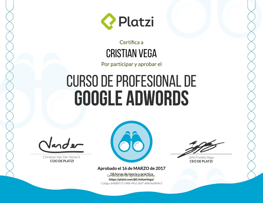 Diploma del Curso Profesional de Google AdWords 2016