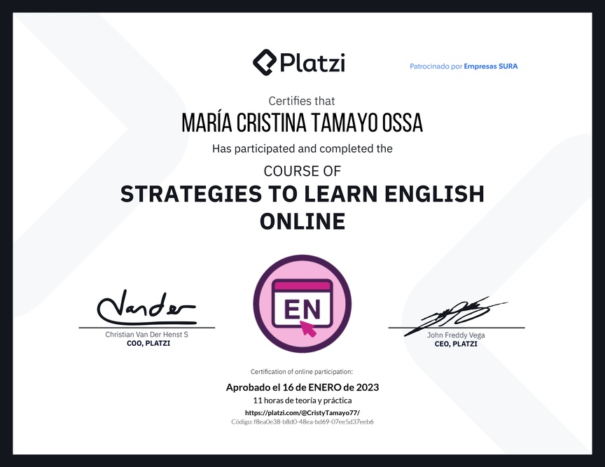 Diploma del Curso Gratis de Estrategias para Aprender Inglés en Línea