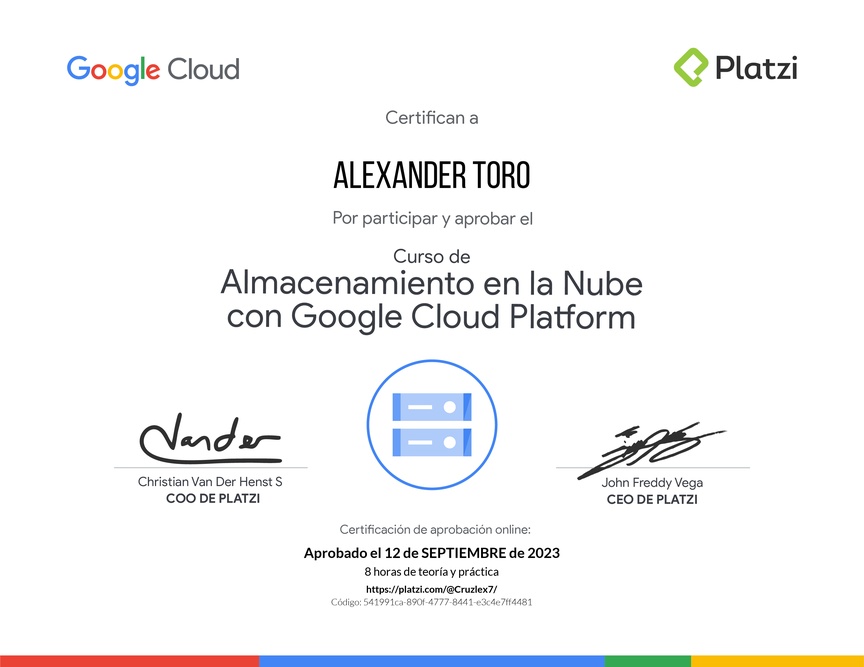 Diploma del Curso de Almacenamiento en la Nube con Google Cloud Platform