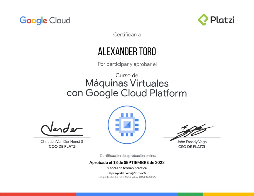 Diploma del Curso de Máquinas Virtuales con Google Cloud Platform