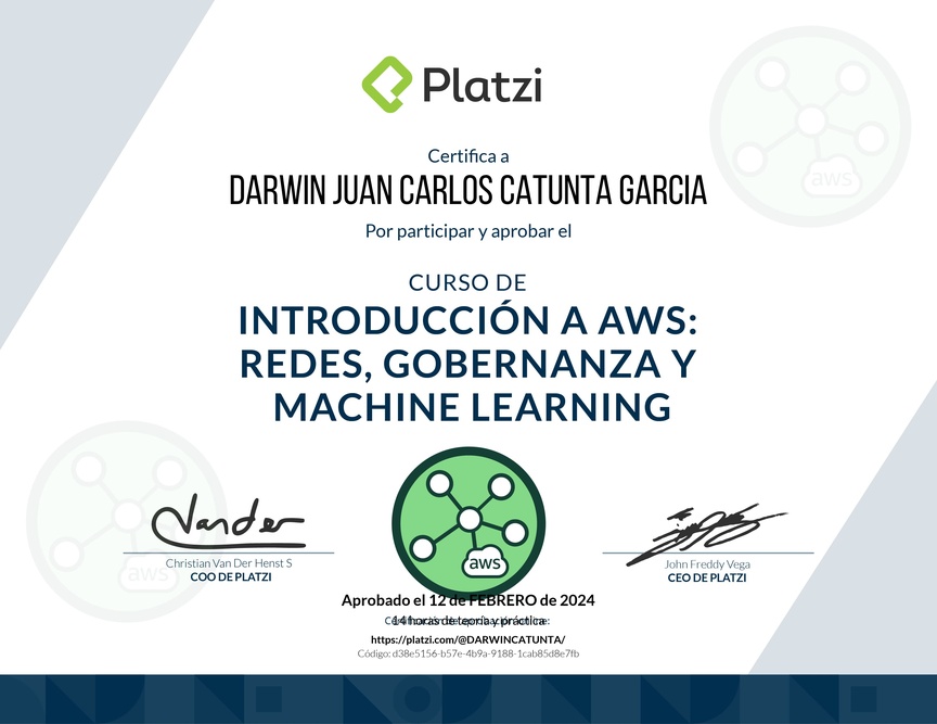 Diploma del Curso de Introducción a AWS: Redes, Gobernanza y Machine Learning