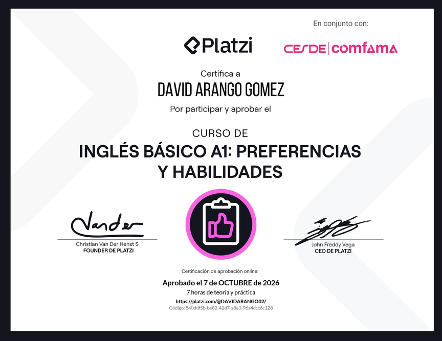 Diploma del Curso de Inglés Básico A1: Preferencias y Habilidades