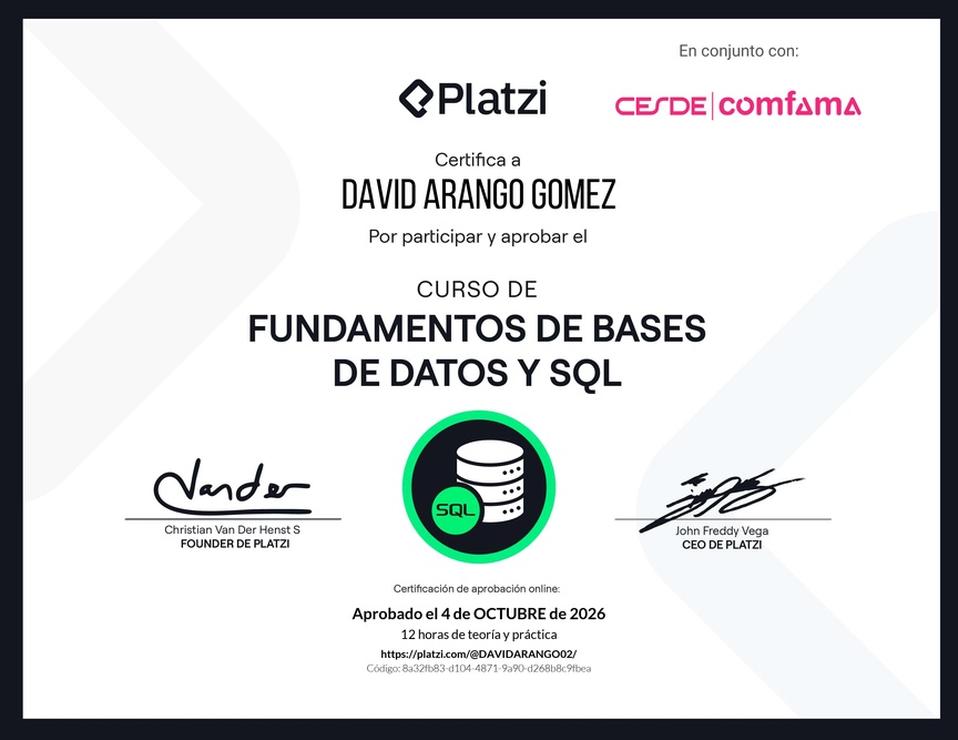 Diploma del Curso de Fundamentos de Bases de Datos y SQL