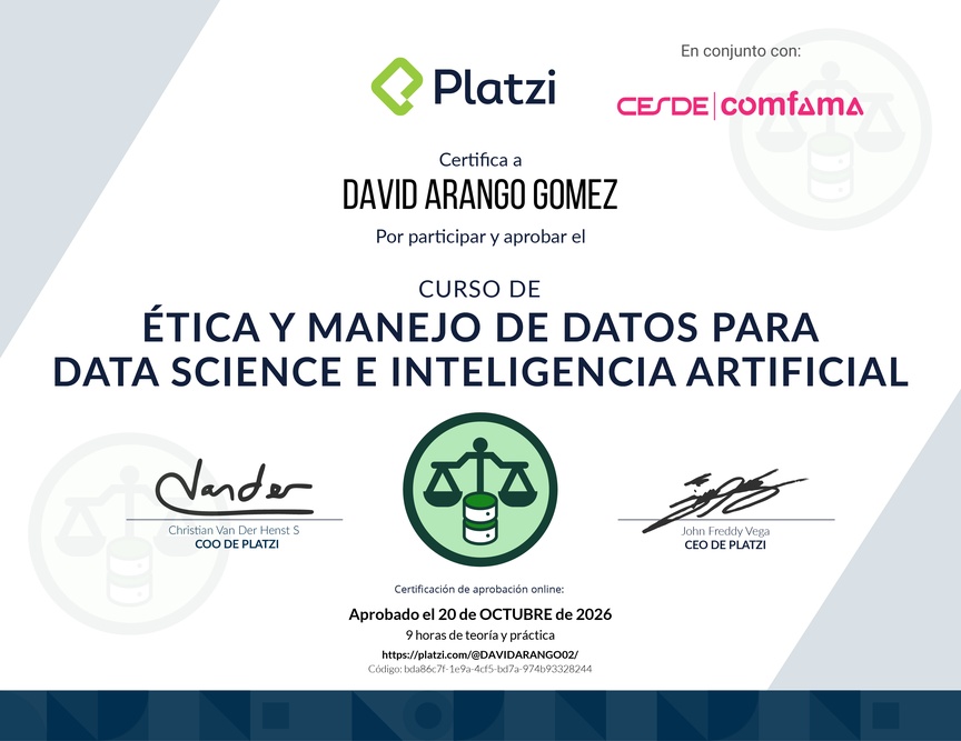 Diploma del Curso de Ética y Manejo de Datos para Data Science e Inteligencia Artificial