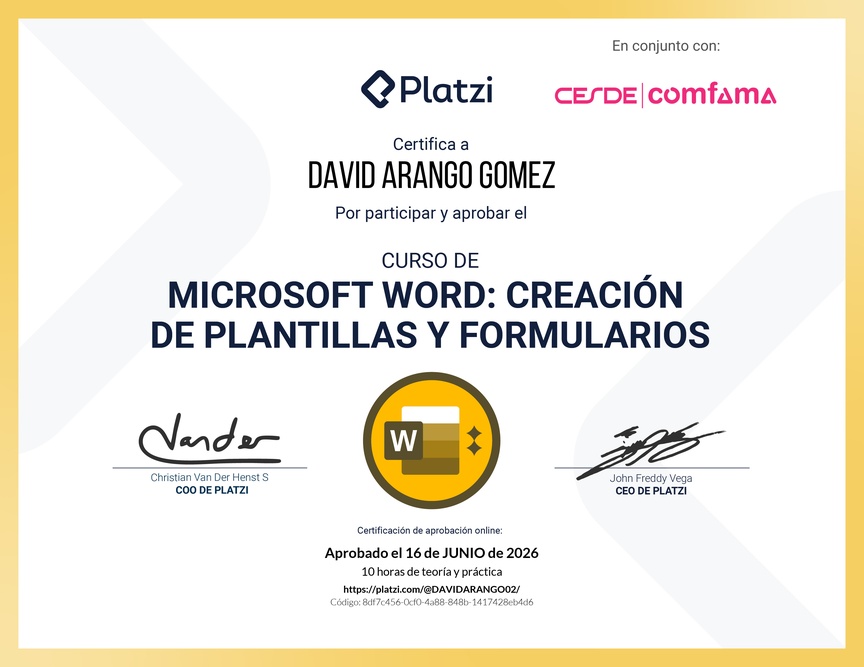 Diploma del Curso de Microsoft Word: Diseño de Plantillas y Creación de Formularios