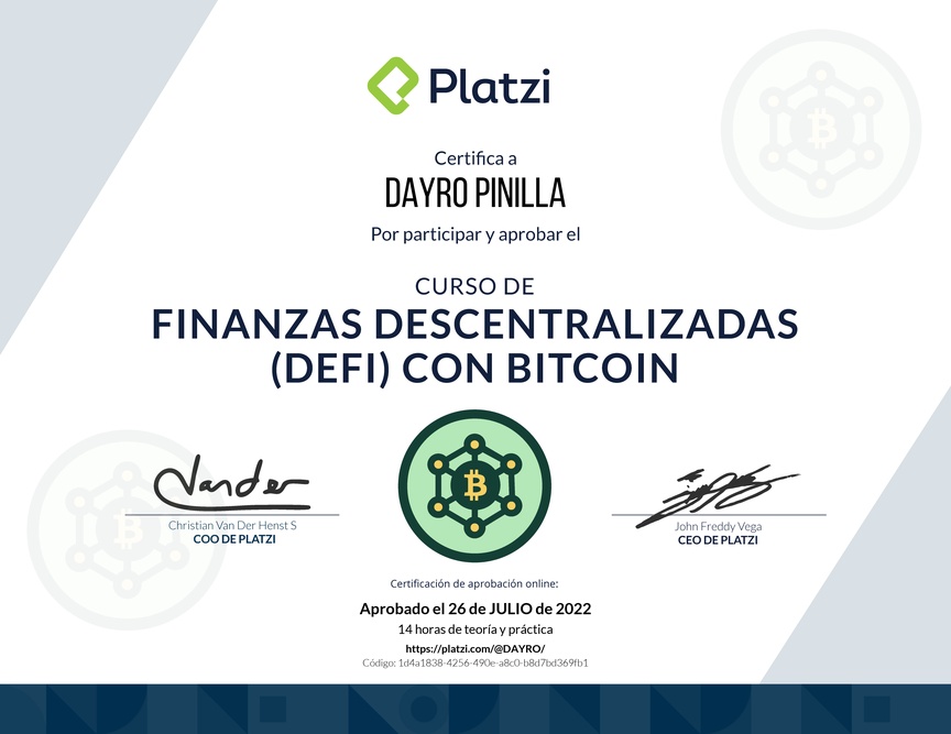 Diploma del Curso de Finanzas Descentralizadas con Bitcoin