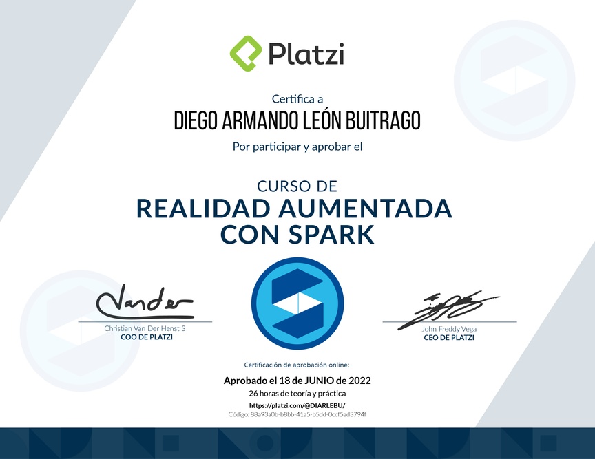 Diploma del Curso de Realidad Aumentada con Spark AR 2019