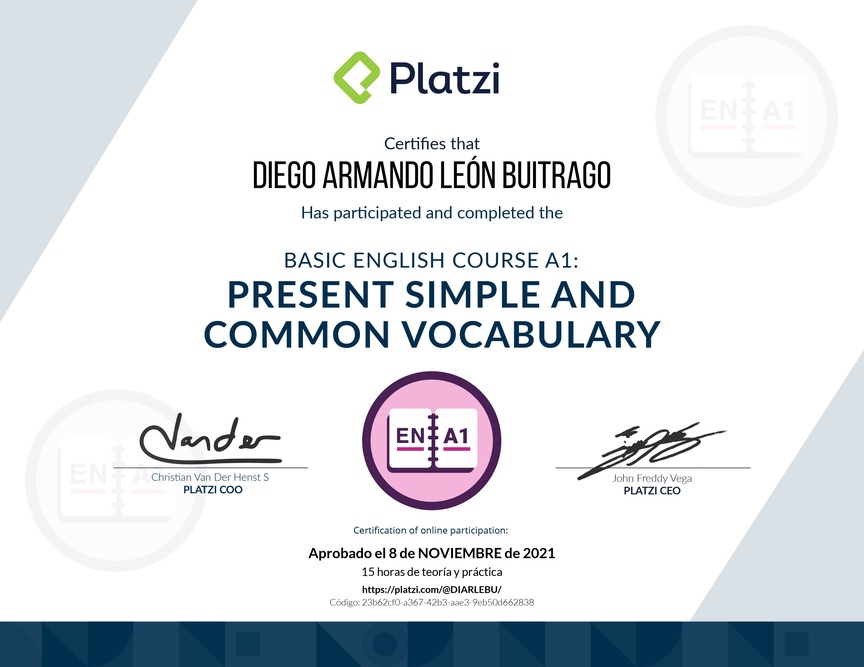 Diploma del Curso de Inglés Básico A1: Presente Simple y Vocabulario Común (2021)