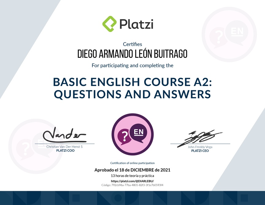 Diploma del Curso de Inglés Básico: Preguntas y Respuestas (2021)