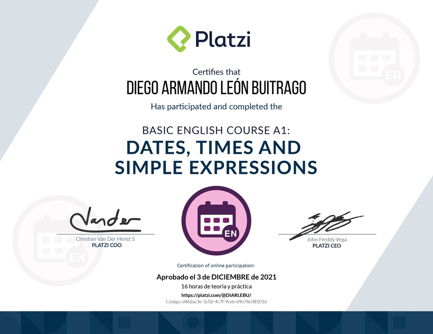 Diploma del Curso de Inglés Básico A1: Fechas, Horas y Expresiones Simples