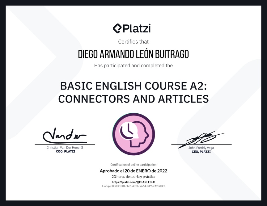 Diploma del Curso de Inglés Básico A2: Conectores y Artículos