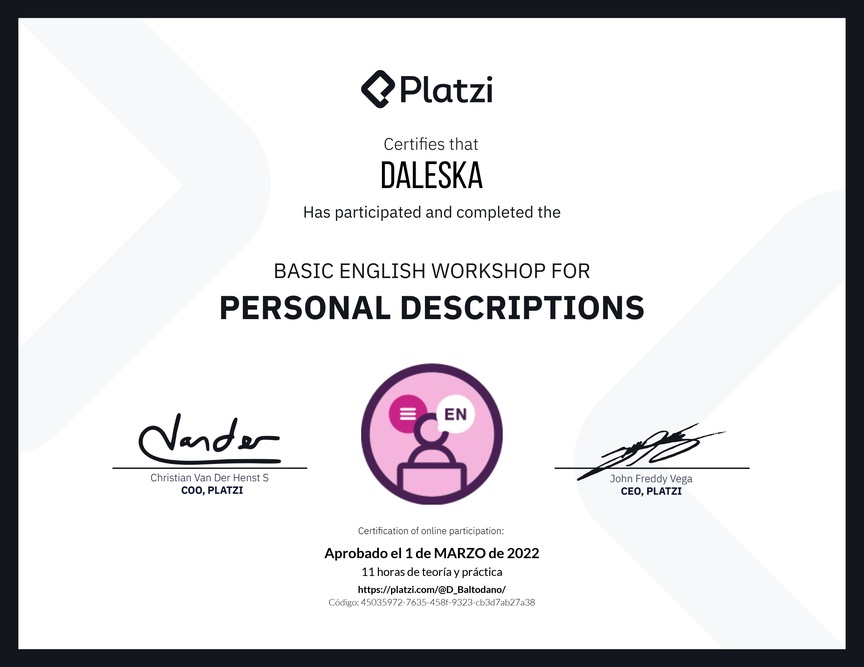 Diploma del Curso de Inglés Práctico para Descripciones Personales (2020=