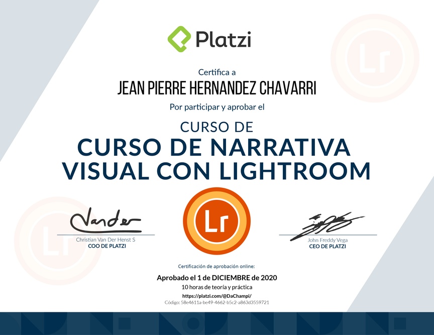 Diploma del Curso de Narrativa Visual con Lightroom