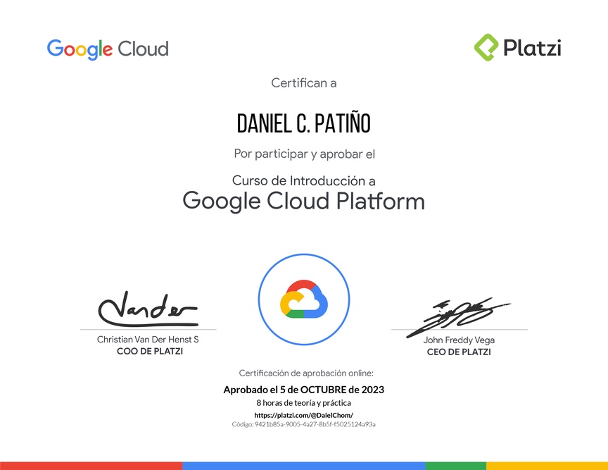 Diploma del Curso de Introducción a Google Cloud Platform