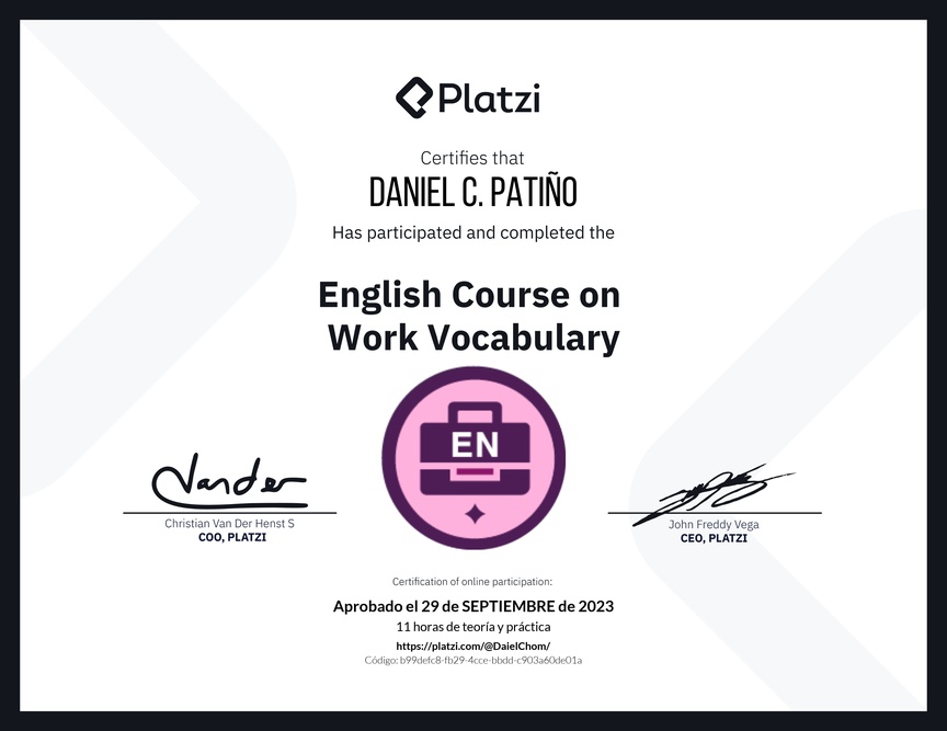 Diploma del Curso de Vocabulario en Inglés para el Trabajo