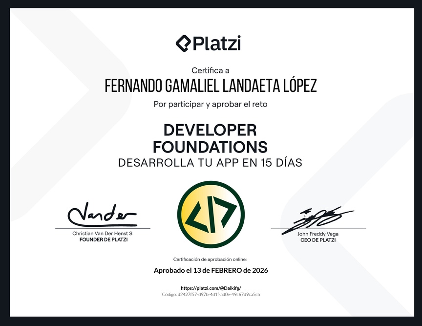 Diploma de la Ruta de Aprendizaje de Reto Developer Foundations: Crea tu app en 15 días