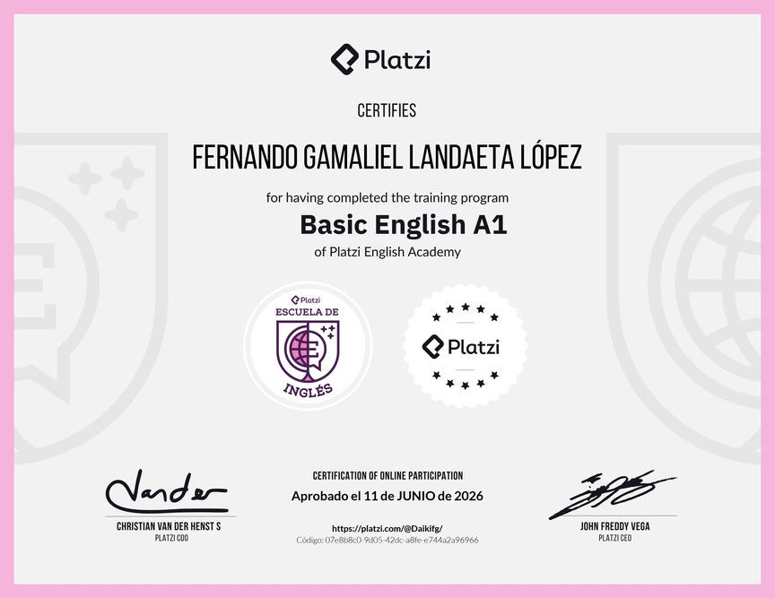 Diploma de la Ruta de Aprendizaje de Inglés Básico A1