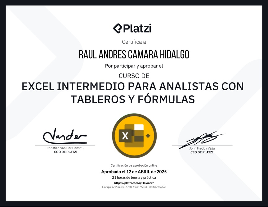 Diploma del Curso de Excel Intermedio para Analistas con Tableros y Fórmulas